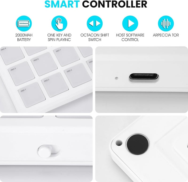 M-Wave M-VAVE Wireless MIDI Controller Pads, 4.1 * 4.1 Inch, 0.28 LBS, Bluetooth Portable USB with 16 Drum, Note Repeat, Full Level Buttons, Rechargeable battery (White Pocket) - Image 5